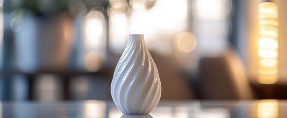 Wall Mural - White Ceramic Vase with Swirling Design on a Table