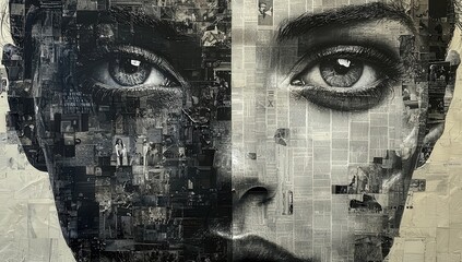 Wall Mural - A collage of black and white newspaper clippings, forming two different faces with eyes looking towards