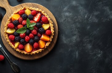 Sticker - Fresh Fruit Tart on Dark Background