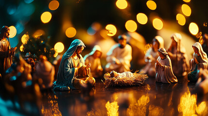 A serene nativity scene depicting the birth of Jesus with figures gathered around a manger illuminated by warm, twinkling lights