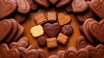 Heart shaped chocolate cookies frame top view chocolate biscuits isolated on a brown background