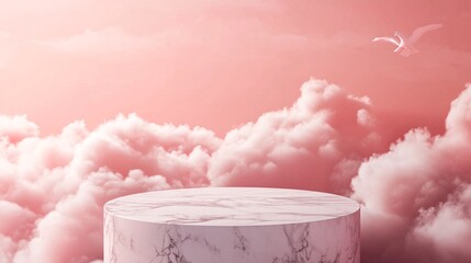 Sticker - Circular marble podium hovers amidst pink clouds as birds soar in a soft-hued sky