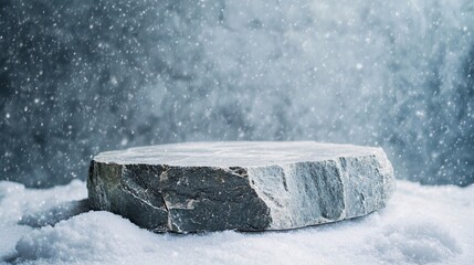 Wall Mural - Empty stone podium covered by snow for product presentation with falling snow on background