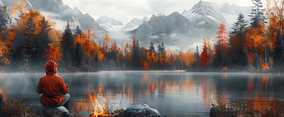 Wall Mural - A lone figure sits by a campfire on the shore of a tranquil lake in the wilderness, surrounded by autumnal foliage and majestic mountains in the distance.