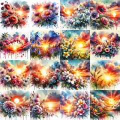 Canvas Print - watercolor flowers and sunset drawing style floral background. AI generated illustration