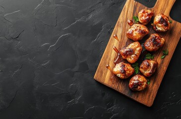 Canvas Print - Grilled Chicken Meatballs on Wooden Cutting Board