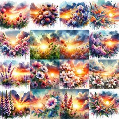 Canvas Print - watercolor flowers and sunset drawing style floral background. AI generated illustration