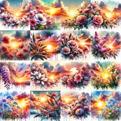 Wall Mural - watercolor flowers and sunset drawing style floral background. AI generated illustration