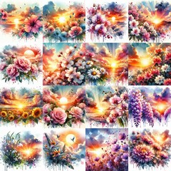 Canvas Print - watercolor flowers and sunset drawing style floral background. AI generated illustration