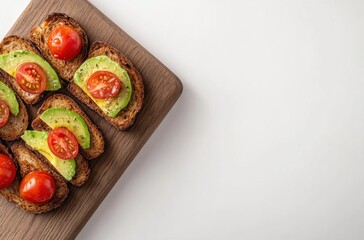 Wall Mural - Avocado and Tomato Toasts on a Wooden Board