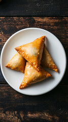 Wall Mural - Four golden-brown indian samosas are arranged on a white plate, creating a visually appealing appetizer or snack