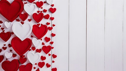 Decorative red and white hearts over white wooden background