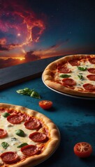 Wall Mural - A pizza with pepperoni and basil on top of a pan