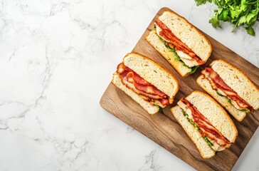 Sticker - Four Delicious Bacon Sandwiches on a Wooden Cutting Board