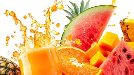 Wall Mural - Refreshing image featuring a glass of fruit juice splashing with sliced watermelon, pineapple, mango and orange