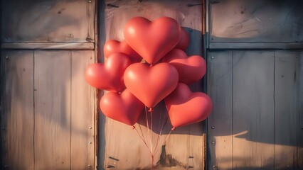 Wall Mural - Heart shaped red balloons on old wooden background