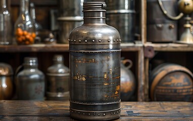 Wall Mural - A vintage metal bottle with a worn label and rivets, standing on a wooden table in front of a collection of other antique bottles.