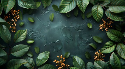 Wall Mural - Lush green leaves and yellow flowers arranged in a frame around a dark blue background.