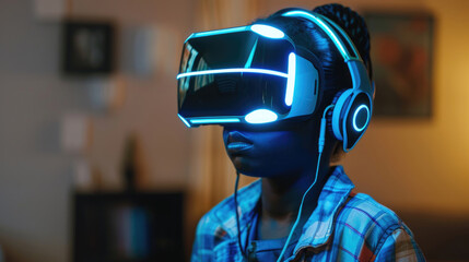 A young person is fully immersed in a virtual reality experience, wearing a headset and headphones in a dimly lit room