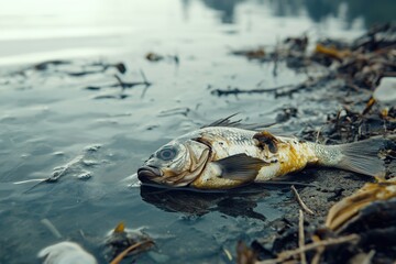 Wall Mural - A dead fish lies on the shore surrounded by plastic waste and oil spills, showcasing the impact of pollution on marine life. Generative AI