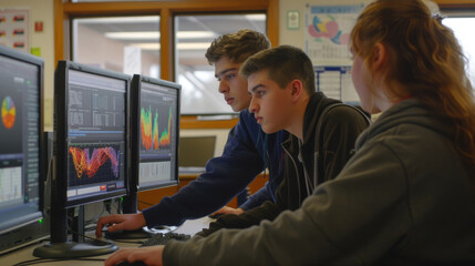 Three students collaborate on data analysis tasks, focused intently on multiple computer screens in an active classroom environment