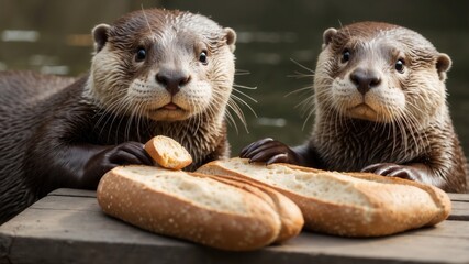 Wall Mural - Two brown otters are eating bread in a pond