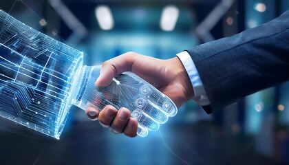 artificial intelligence concept; handshake agreement between ai and human banner header background