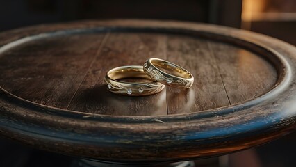 Illustration of two gold rings on a wooden table