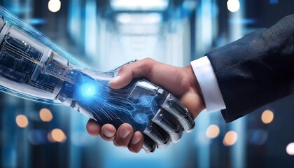 artificial intelligence concept; handshake agreement between AI and human banner header background