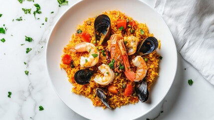 Wall Mural - Seafood Paella with Shrimp, Mussels and Yellow Rice