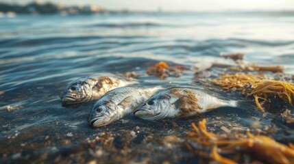 Wall Mural - A shoreline littered with dead fish, amidst plastic debris and oil spills, showcases the damaging effects of pollution on marine life. Generative AI