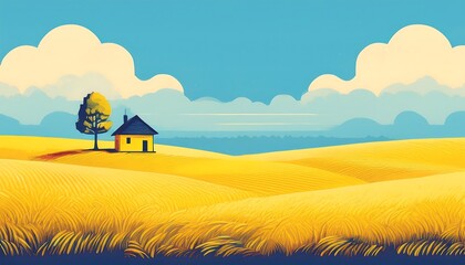 A tranquil farmhouse stands alone in a golden wheat field under a bright blue sky with fluffy white clouds during midday. Ai Generative