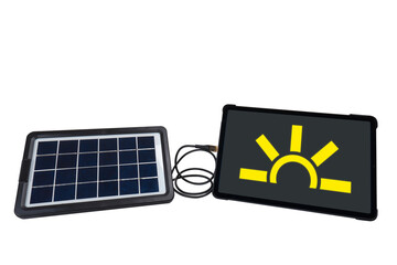 Portable solar panel connected to tablet PC on transparent background (close-up). On the tablet PC screen is an icon representing the sun. Renewable green alternative energy concept