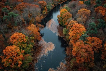 Sticker - Aerial View of a River Winding Through Autumnal Forest