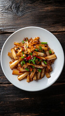 Wall Mural - Savory stir-fried rice cakes with soy sauce and chili pepper, presented on a white plate atop a rustic wooden table