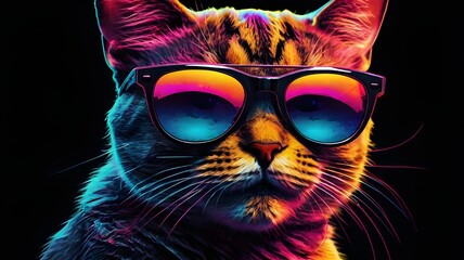 illustrations drawings portrait of colorful cat with elegant and beautiful glasses in abstract on black