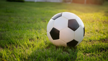 A white and black soccer ball is sitting on the grass