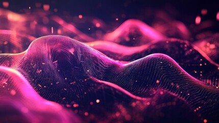 Wall Mural - vibrant waves of abstract pink and purple patterns flowing smoothly on a dark background, creating a