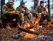 © Анастасия Бэлиан - Three hunters in winter gear sit around a campfire in the forest, enjoying the warmth and hot drinks after a day of hunting.