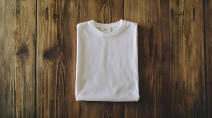 A neatly folded plain white t-shirt, placed on a wooden table.