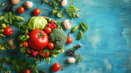 Top view of a basket filled with fresh vegetables and fruits on a rustic blue table