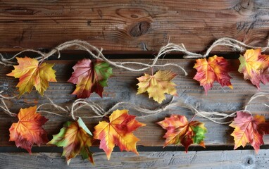 Autumn leaves arranged on rustic wooden a surface, capturing the vibrant colors of the fall season with natural decor elements