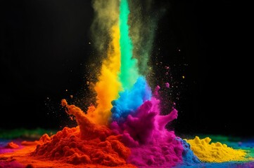 Wall Mural - Explosion of colored powder on black background. Freeze motion colorful dust particles. Colorful Holi paint powder explosion on black background. Banner. Panorama