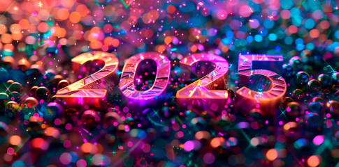 Wall Mural - The year 2025 is represented in bold, colorful numerals surrounded by vibrant, twinkling lights and shimmering decorations, creating a joyful, festive ambiance