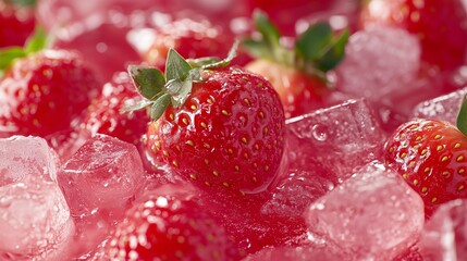 Fresh strawberries on ice with vibrant red liquid in a bowl on a sunny day, perfect for summer beverages and desserts