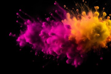 Wall Mural - Explosion of colored powder on black background. Freeze motion colorful dust particles. Colorful Holi paint powder explosion on black background. Banner. Panorama