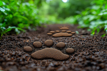 Canvas Print - Paw prints in the garden soil after a pet's playtime, representing animal activity and pet care. Concept of pet ownership and garden maintenance.