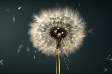 Dandelion isolated on black background. Plants close up. Beautiful shiny dew water drop on dandelion seed in nature. Closeup macro sparkling bokeh dark blue. Banner plants