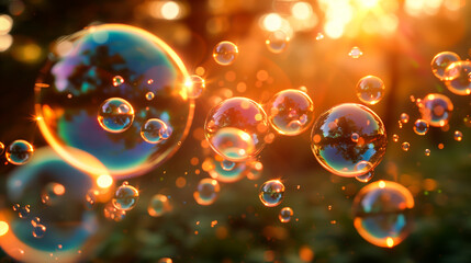 Wall Mural - iridescent soap bubbles floating in the air with sunlight