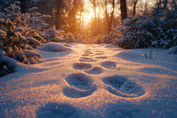 Poster - Animal tracks in fresh snow creating a trail through a forest, showing wildlife movement and behavior. Concept of wildlife tracking and nature observation.